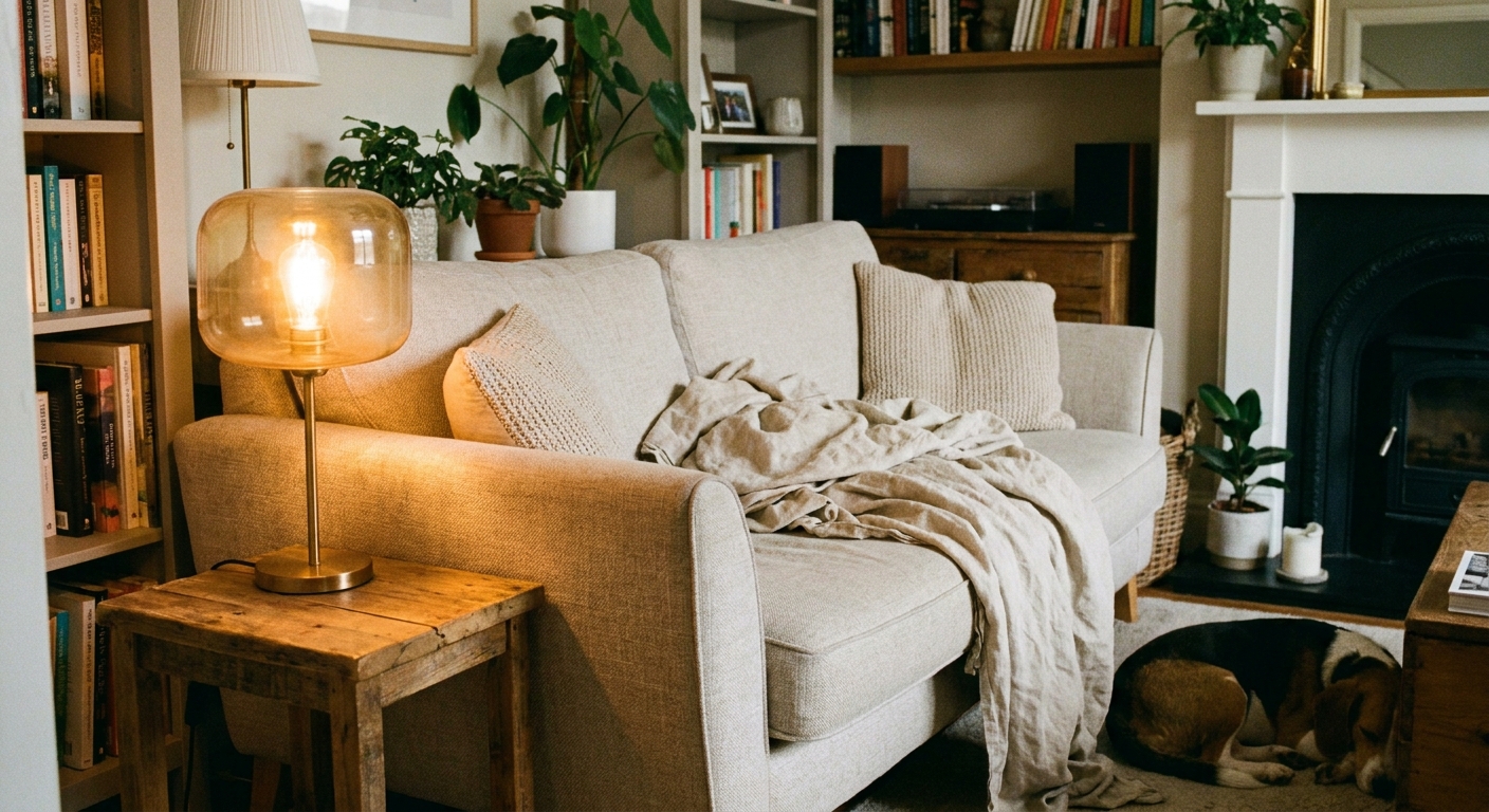 A real photo of a cozy living room with a light fabric sofa draped with a neutral linen throw and a soft amber table lamp glowing nearby