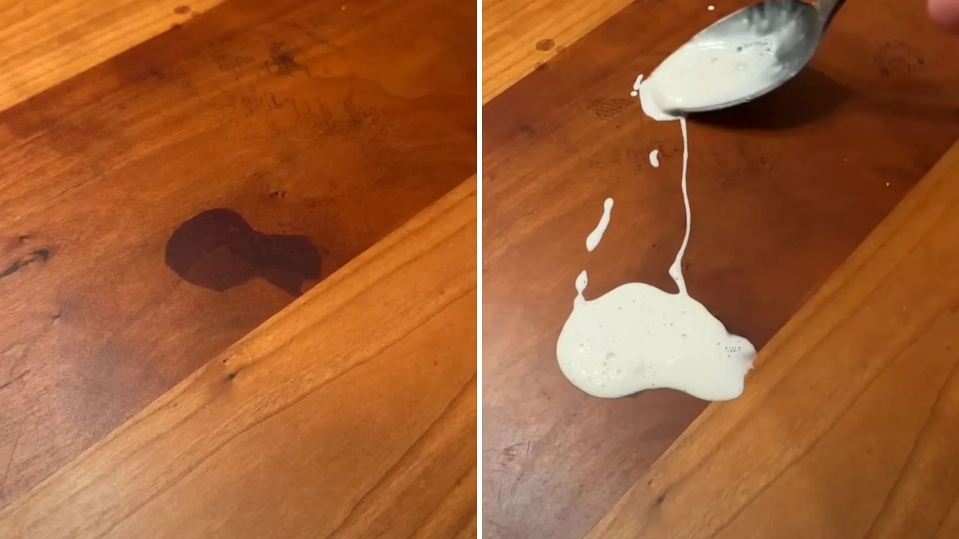 A real photo of a dark circular water stain on a wooden side table near a clear drinking glass, showing a more brownish discoloration than a white haze