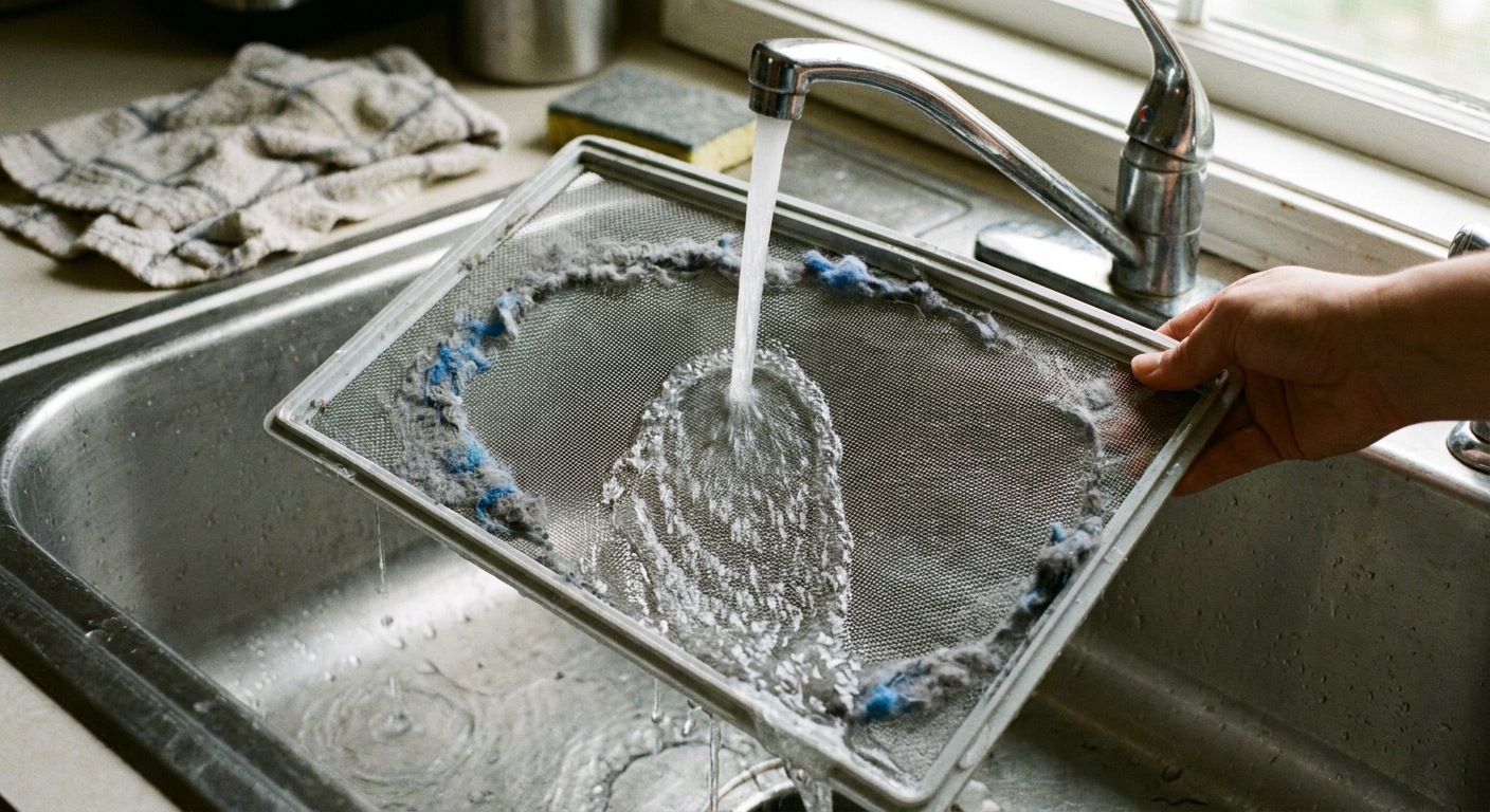 A real photo of a dryer lint screen being rinsed under running water in a kitchen sink, showing water beading on the mesh