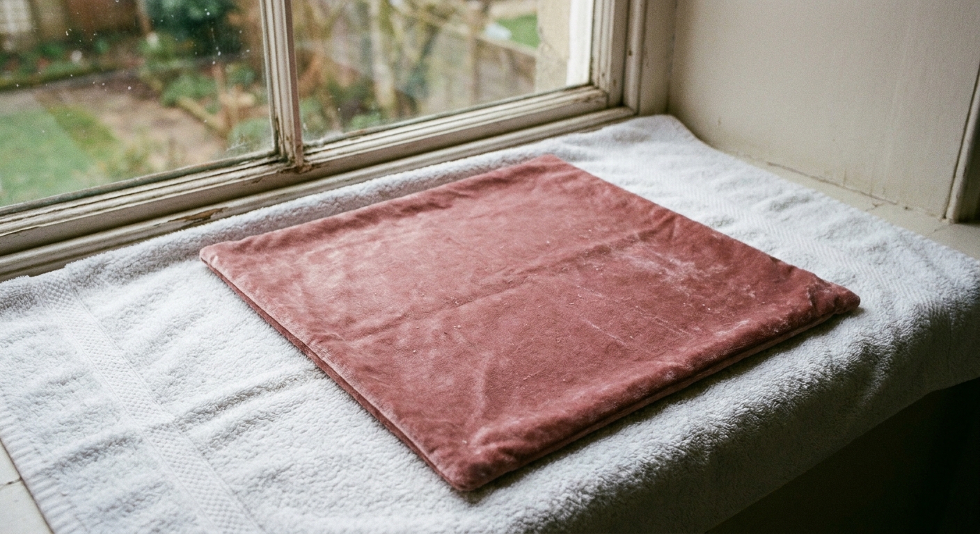 A real photo of a dusty rose velvet cushion cover laid flat on a white bath towel near a window, with soft daylight and no direct sun, showing the cover smoothed into shape