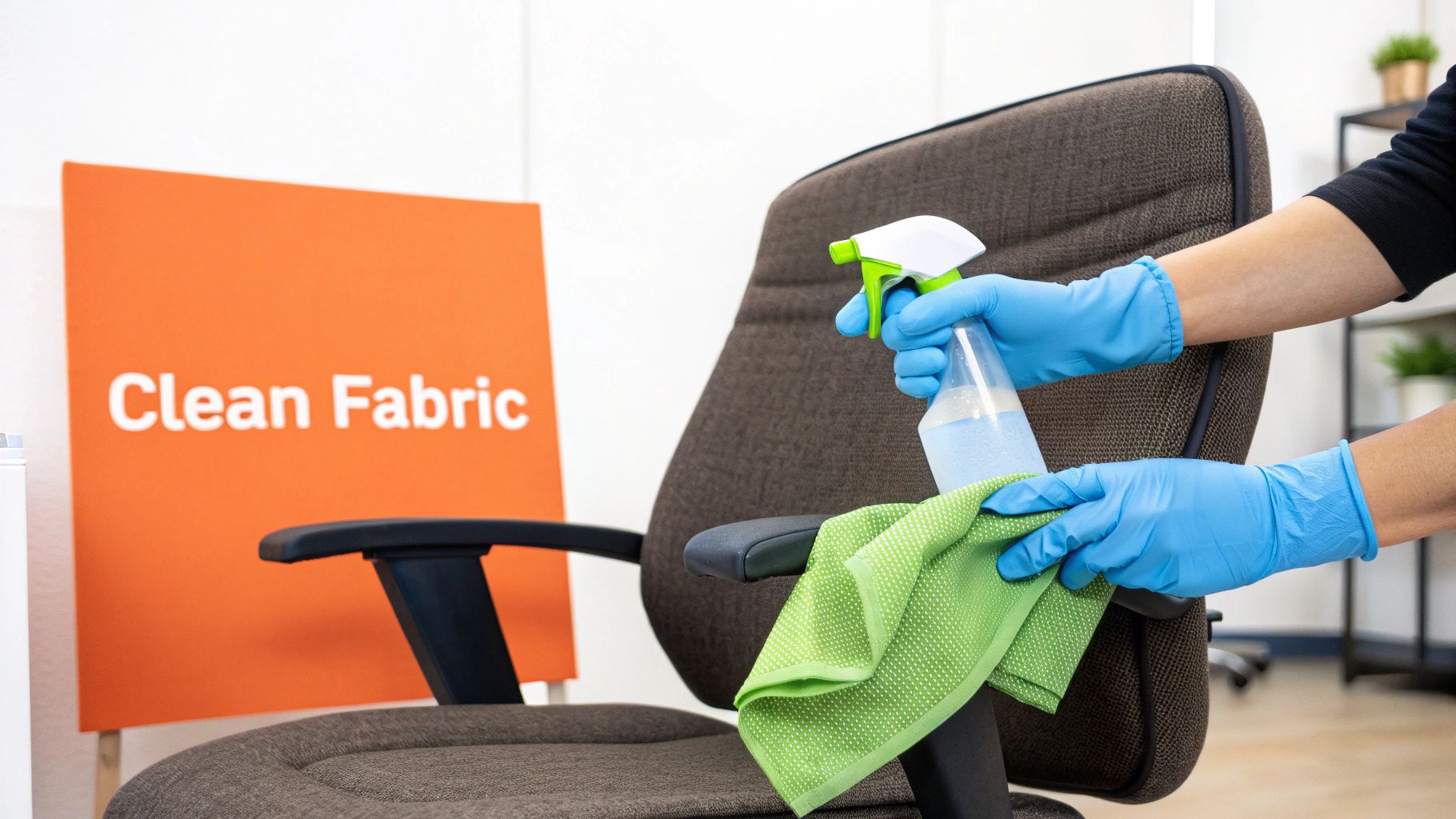 A real photo of a fabric home office chair beside a small bucket, microfiber cloths, a soft brush, and a handheld vacuum on a tidy desk, warm natural light
