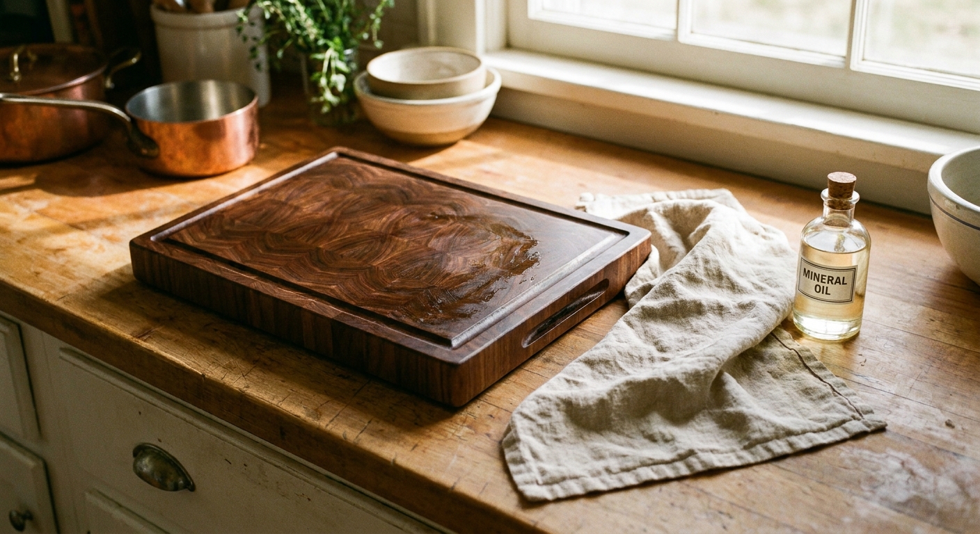 A real photo of a freshly oiled wooden cutting board on a warm-toned kitchen counter next to a linen towel and a small bottle of mineral oil