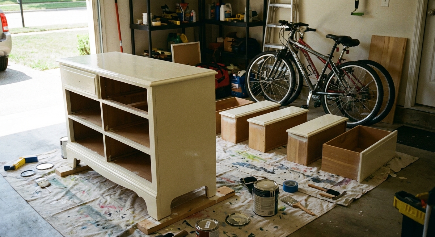 A real photo of a freshly painted dresser cabinet in a garage, paint drying with drawers set aside on a drop cloth