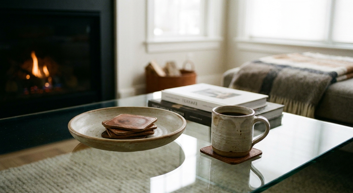 A real photo of a glass coffee table styled with a small stack of leather coasters in a shallow dish and a ceramic mug resting on a coaster, cozy living room setting