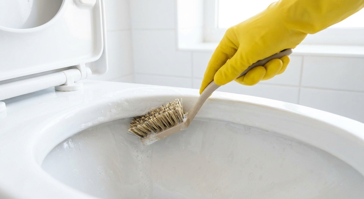 A real photo of a gloved hand using a small brush to scrub under the rim of a white toilet bowl in a bright bathroom
