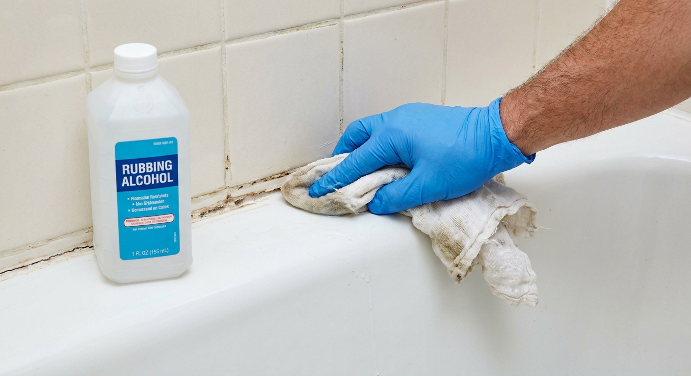 A real photo of a gloved hand wiping the tub-to-tile joint with a cloth dampened with rubbing alcohol, preparing the surface for new caulk