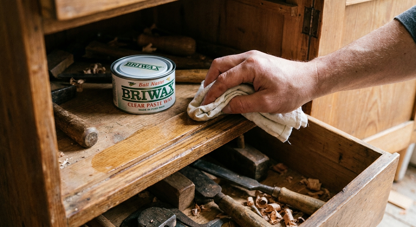 A real photo of a hand applying clear paste wax to a wooden drawer runner inside a cabinet with a soft cloth