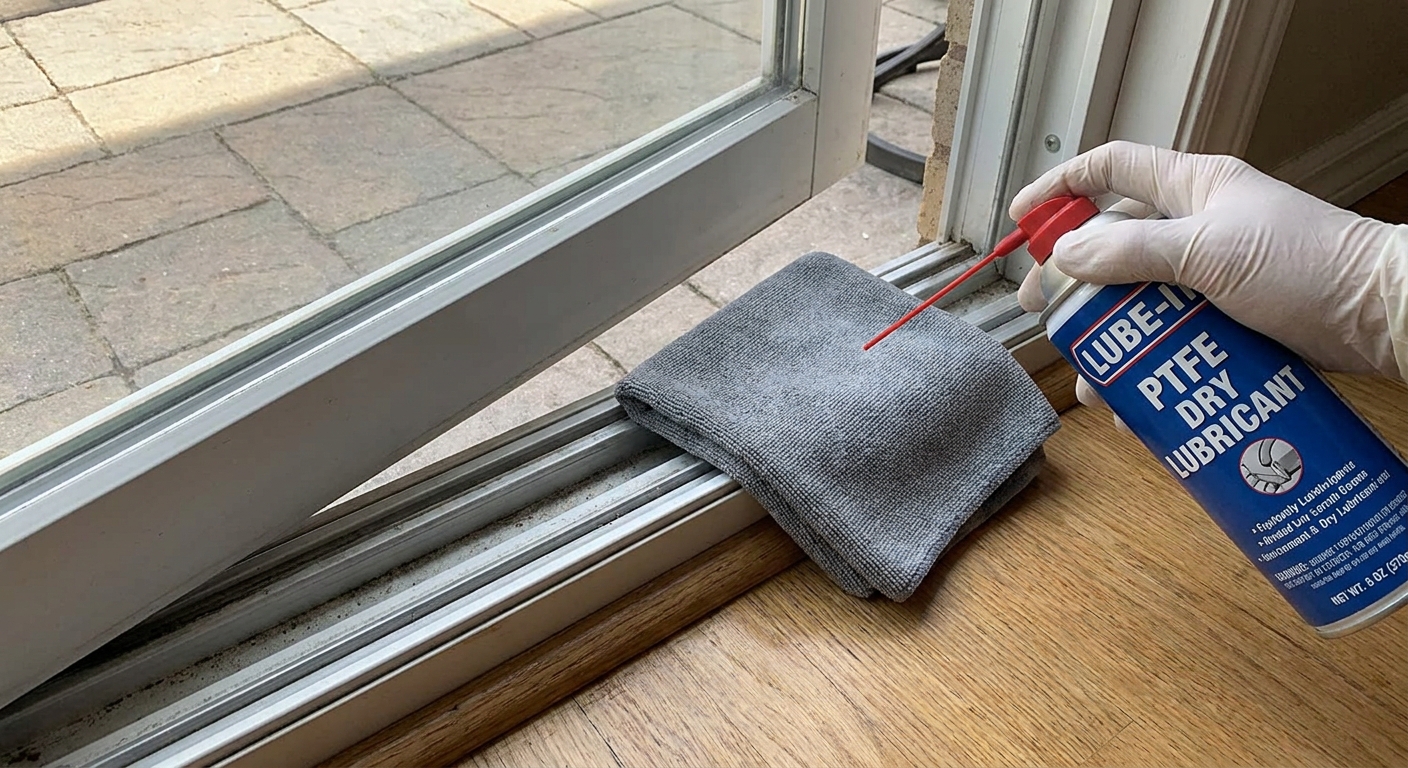 A real photo of a hand holding a PTFE dry lubricant spray can aimed at a folded cloth next to a sliding glass door track, with the door partially open
