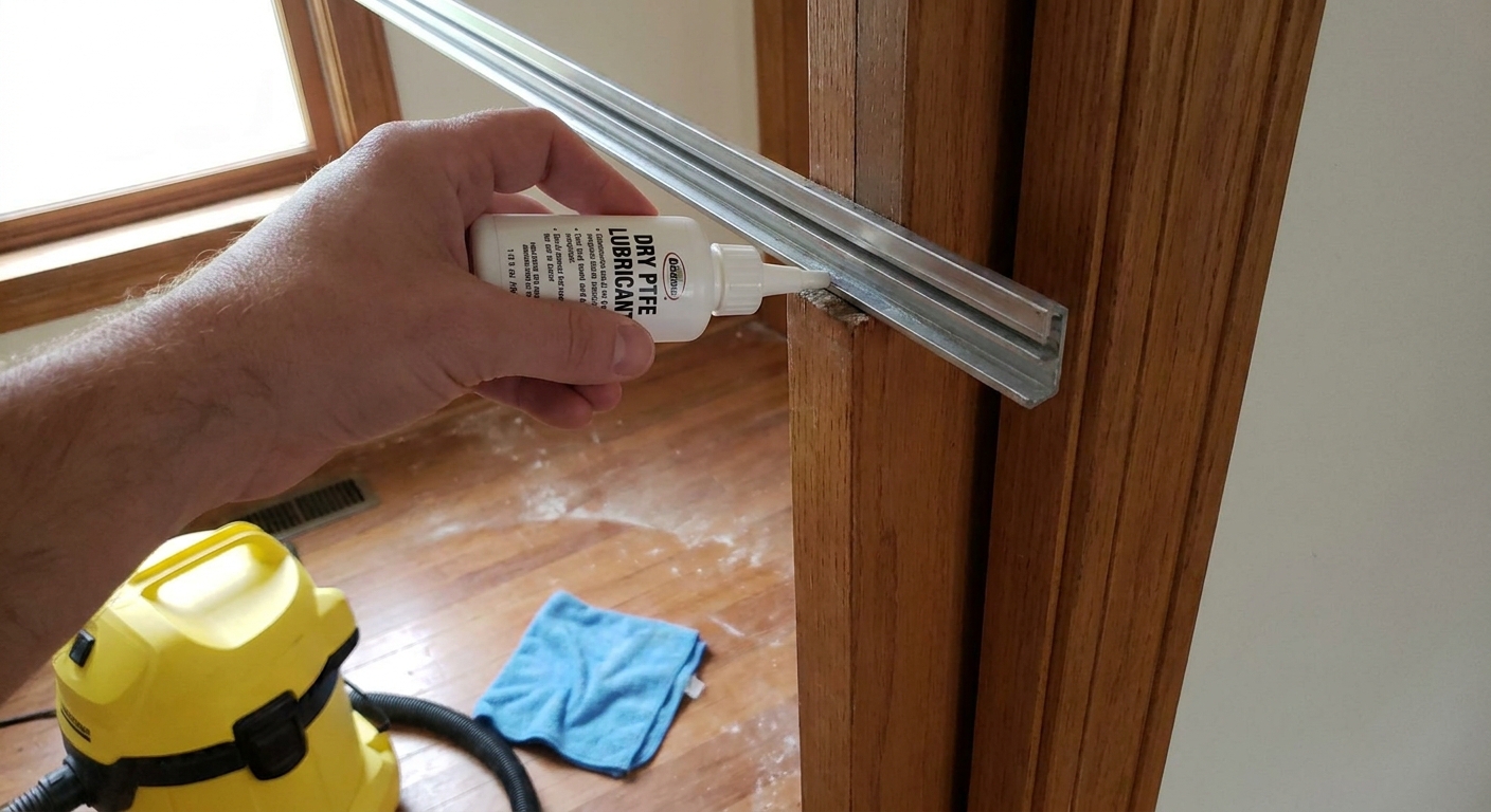 A real photo of a hand holding a small bottle of dry PTFE lubricant next to the top edge of a pocket door opening, with a vacuum and microfiber cloth on the floor