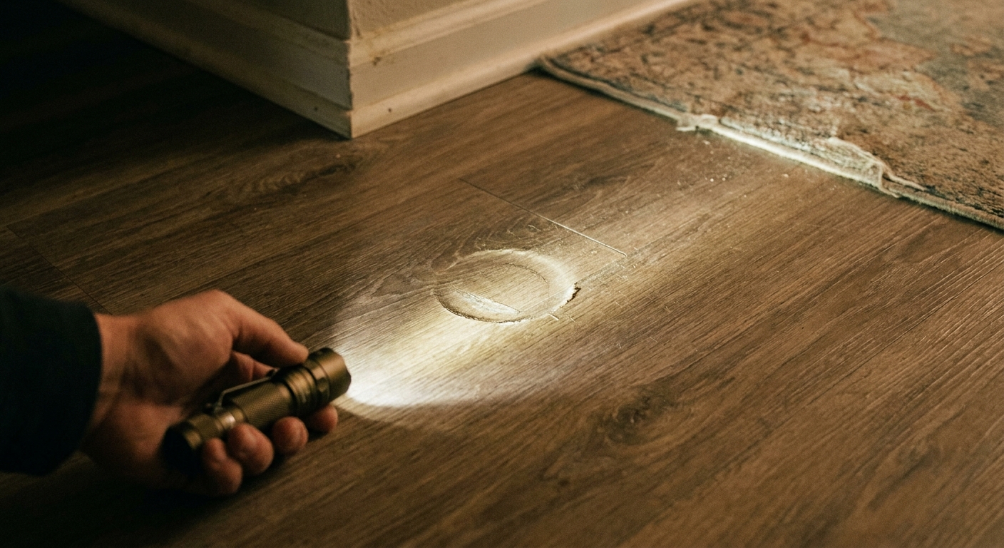 A real photo of a hand holding a small flashlight at a low angle across a medium-tone laminate plank floor to reveal a subtle surface depression