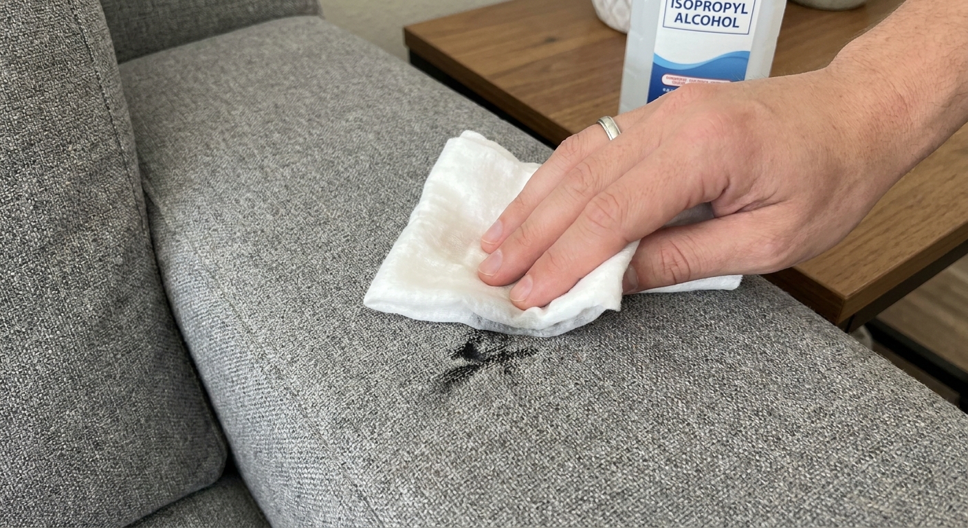 A real photo of a hand holding a white cloth dampened with isopropyl alcohol dabbing a small black marker stain on a gray fabric couch cushion, close-up