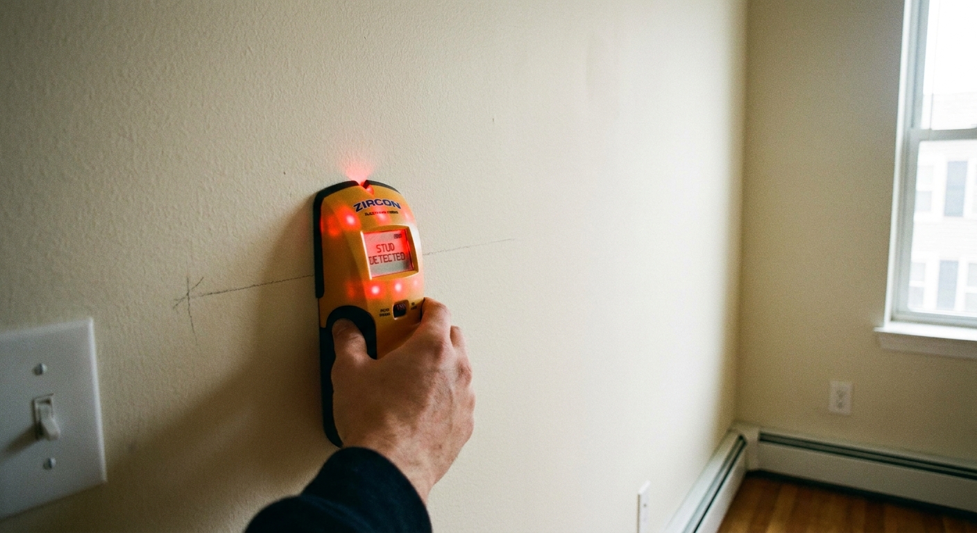 A real photo of a hand holding an electronic stud finder against a light painted wall in an apartment, mid-scan