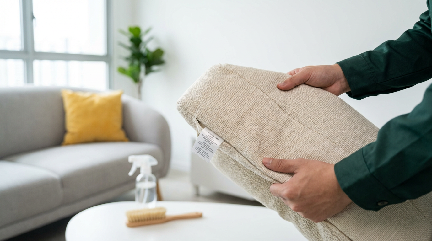 A real photo of a hand holding an upholstery care tag under a sofa cushion, showing cleaning codes like W, S, WS, and X
