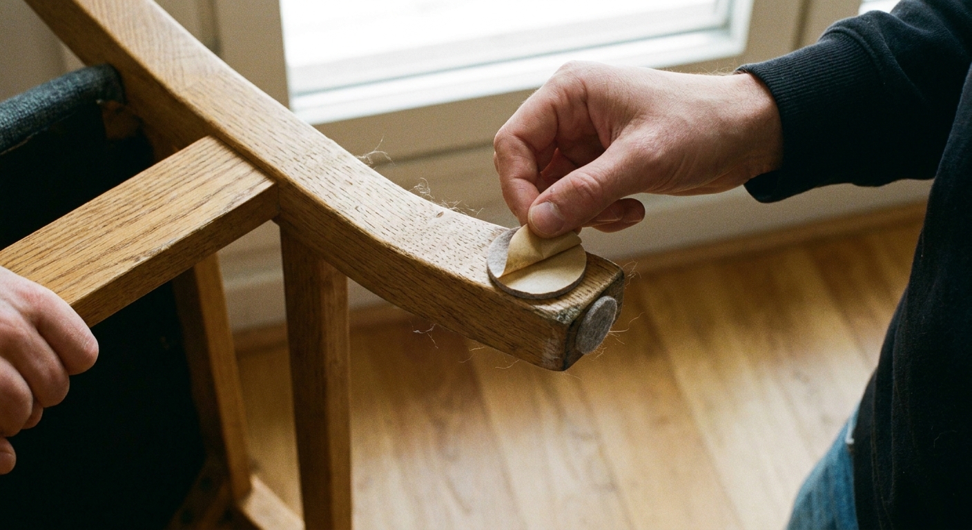 A real photo of a hand peeling a thin adhesive felt pad and placing it on a wooden chair contact point on a light oak frame