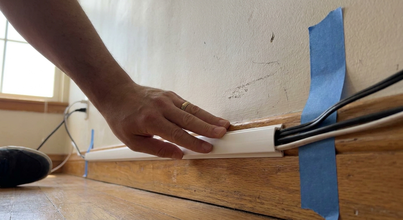 A real photo of a hand pressing a white peel-and-stick cable raceway along an apartment baseboard, with a few cords tucked inside and painter's tape marking a straight line