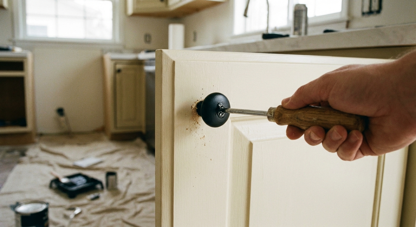 A real photo of a hand reinstalling a freshly painted matte black cabinet knob on a light colored cabinet door with a manual screwdriver