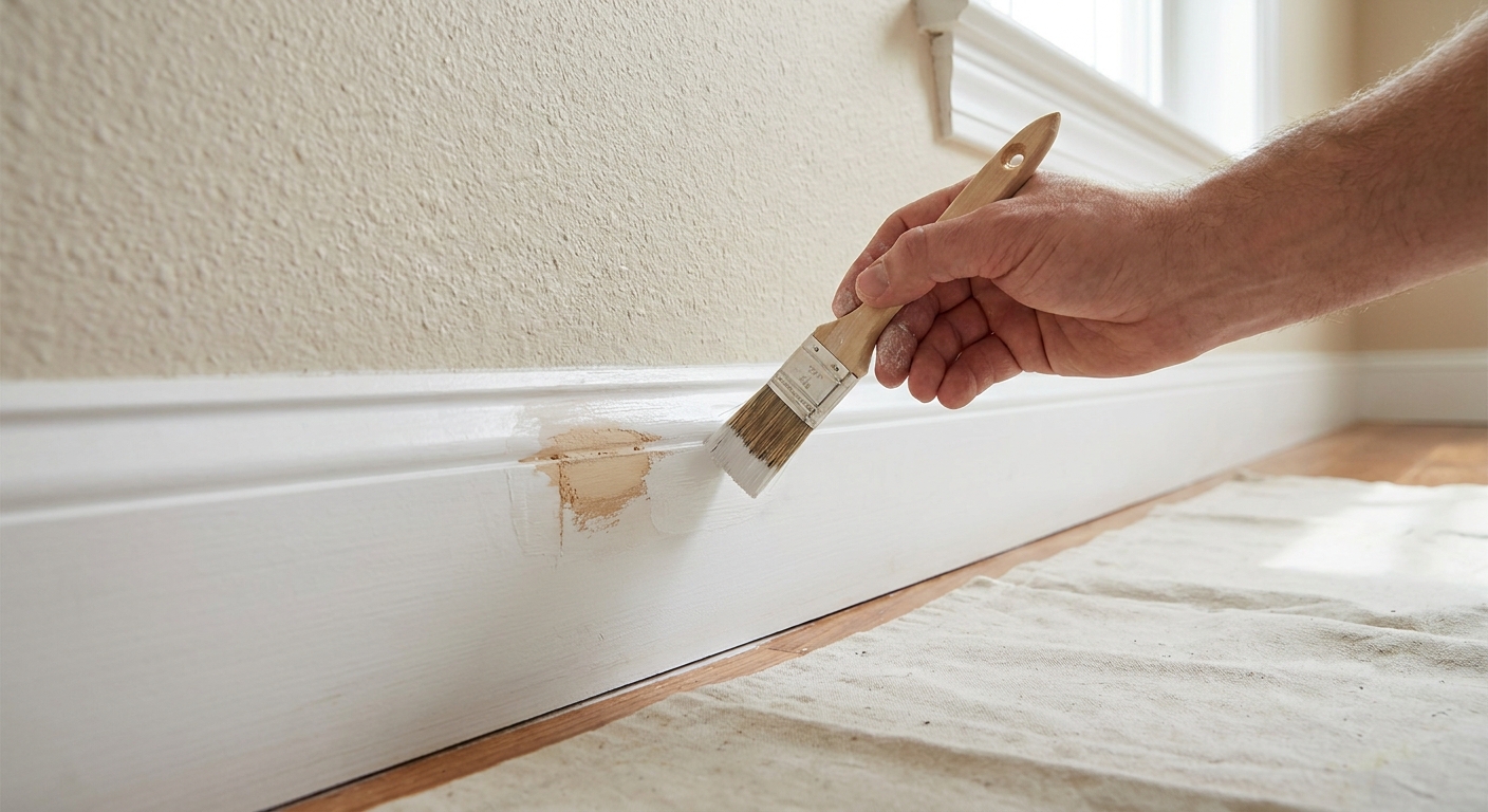 A real photo of a hand using a small angled brush to apply primer to a repaired section of white baseboard along a wall