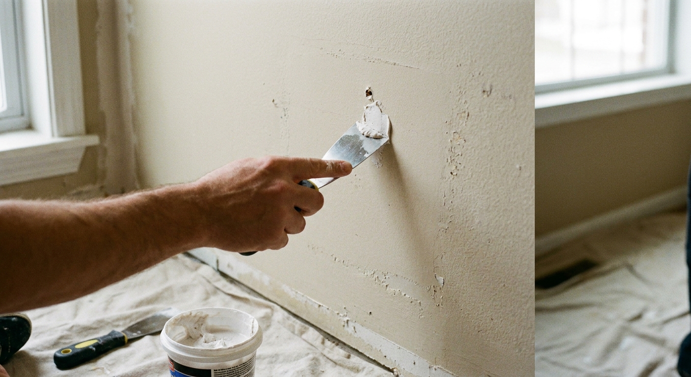 A real photo of a hand using a small putty knife to apply spackle over a small screw hole in a painted drywall wall