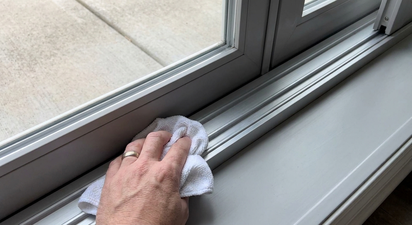 A real photo of a hand wiping a clean sliding glass door bottom track with a white microfiber cloth, close-up detail of the metal rail and vinyl frame