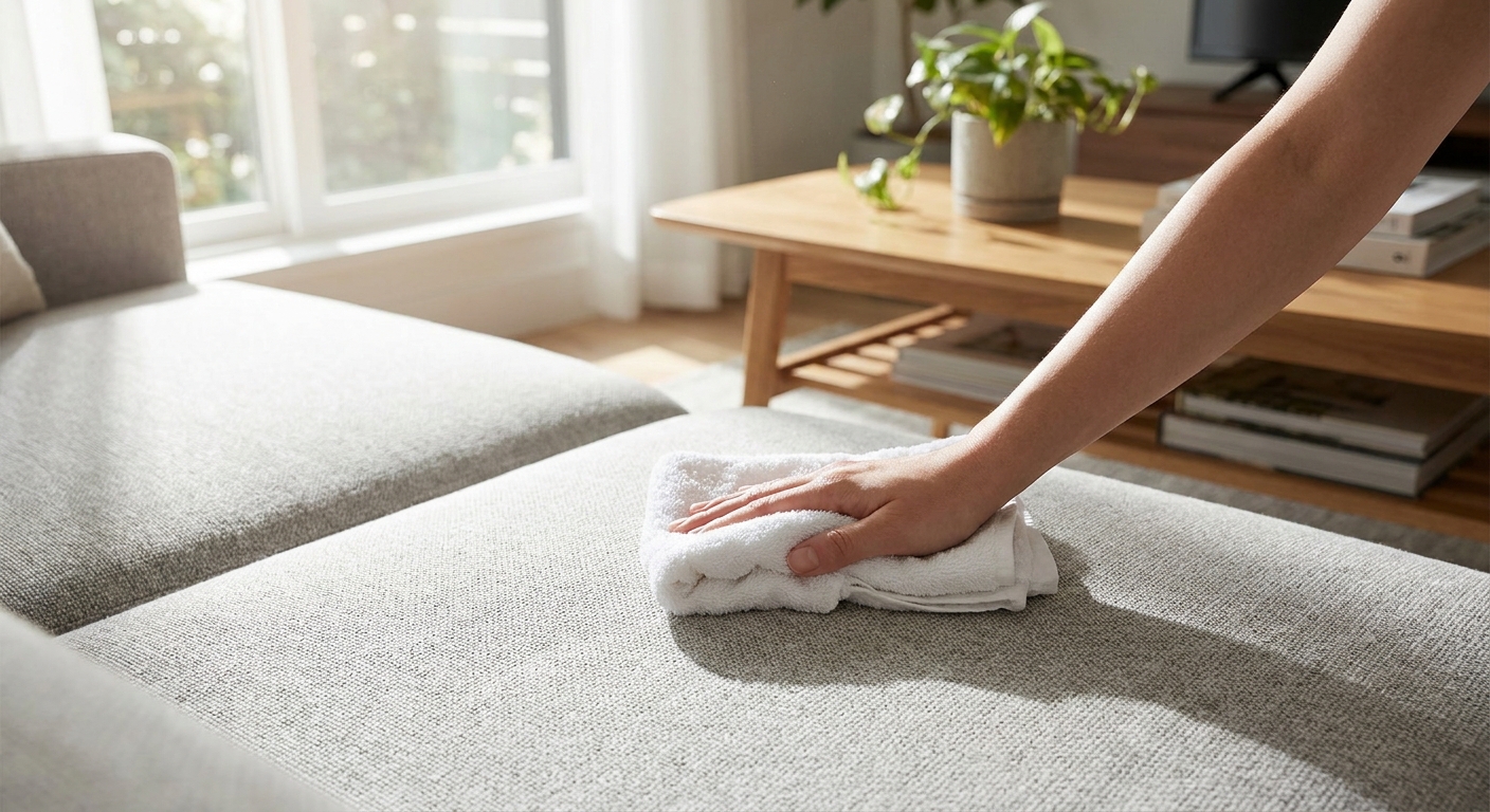 A real photo of a hand wiping a light gray performance-fabric sofa cushion with a clean white cloth on a bright day in a living room