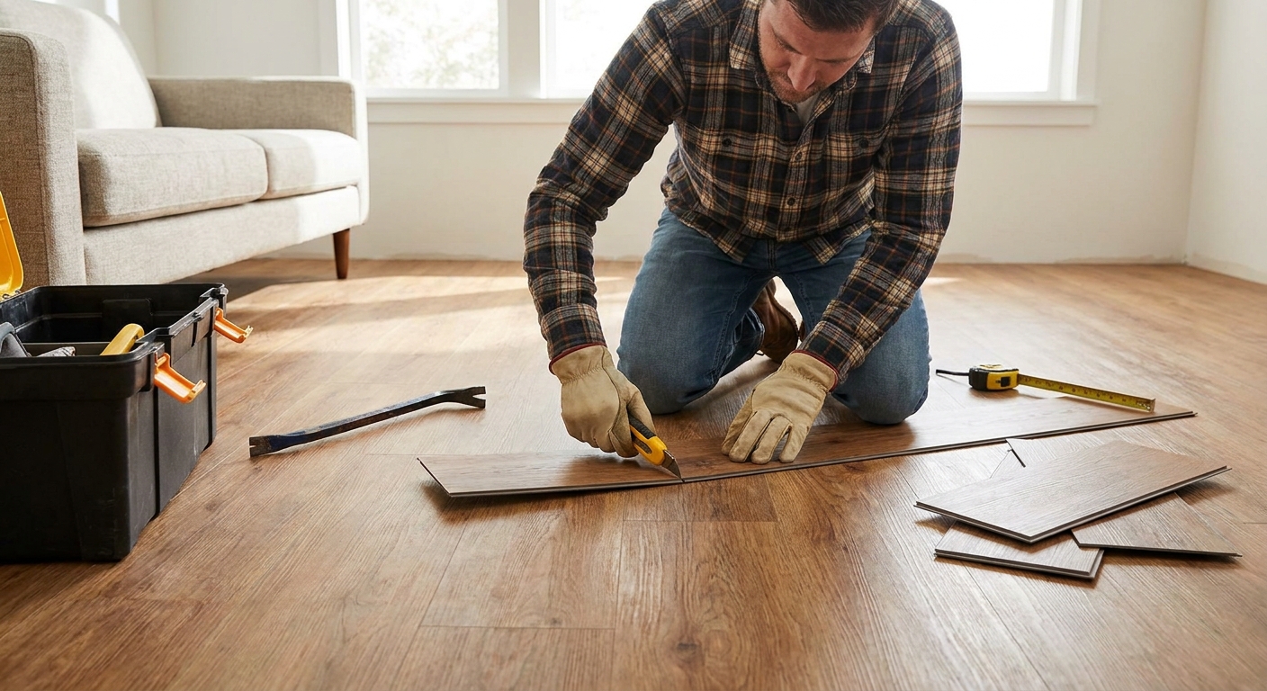 A real photo of a handyman kneeling on an oak-look LVP floor using a utility knife to carefully cut out a damaged single plank, tools nearby