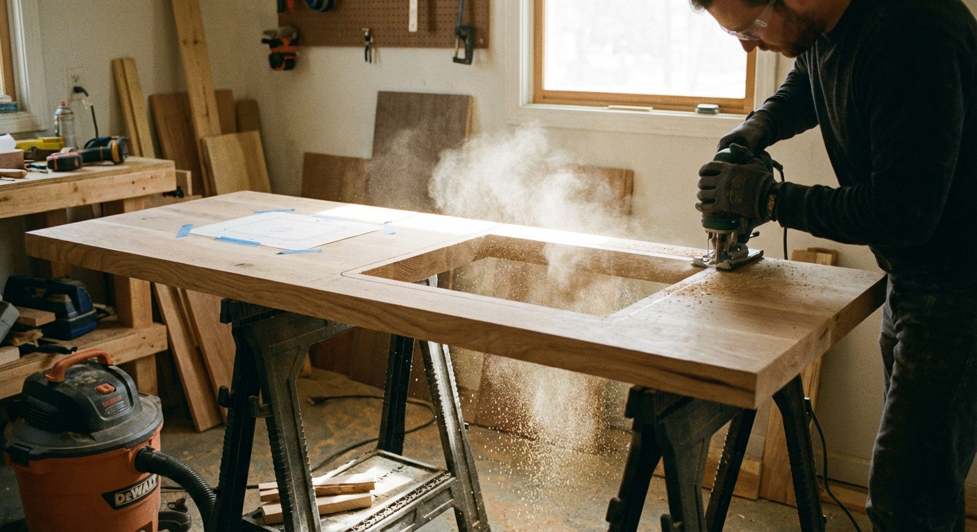A real photo of a jigsaw cutting a sink opening in a wooden countertop placed on sawhorses in a workshop