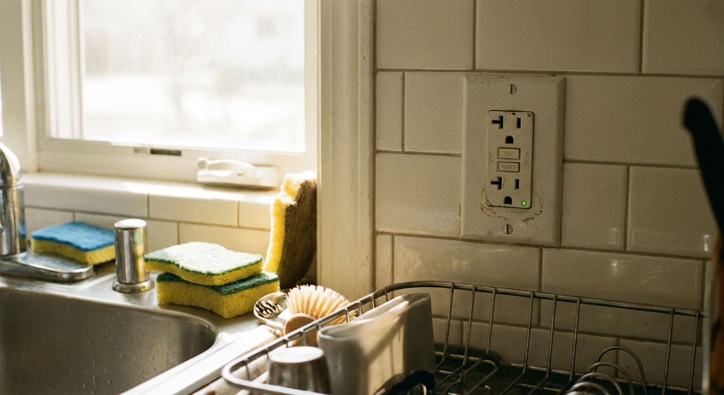 A real photo of a kitchen backsplash outlet with GFCI test and reset buttons near a stainless sink, warm natural daylight