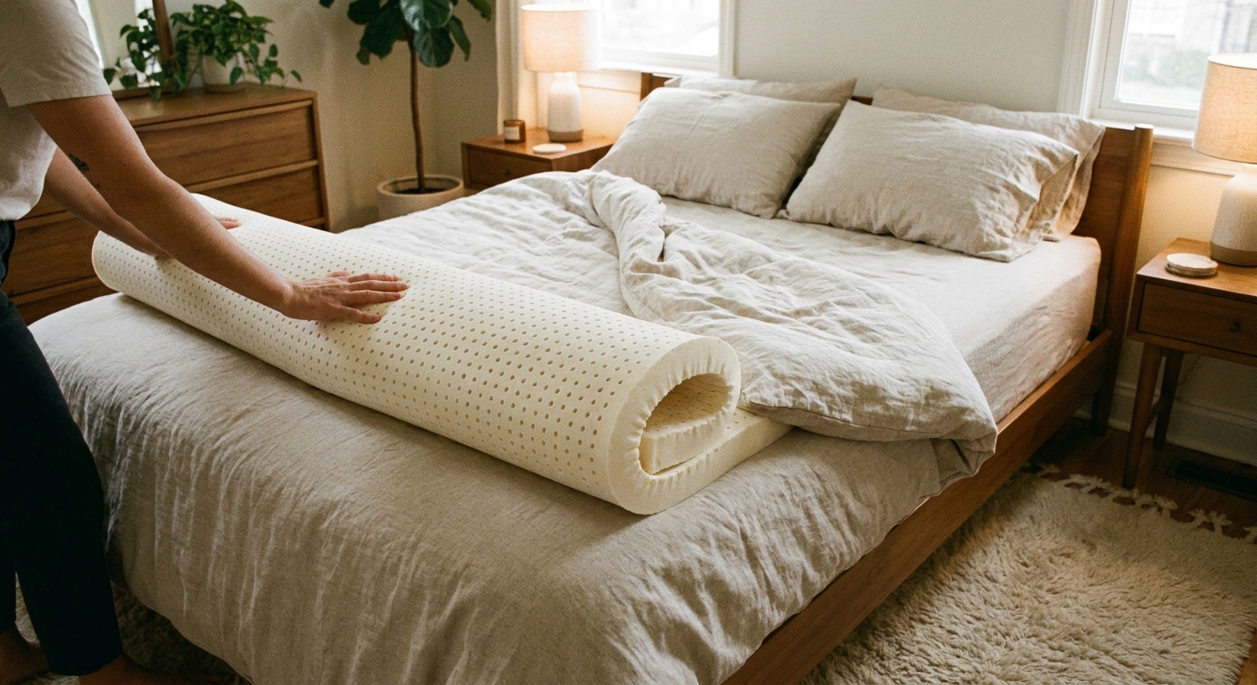 A real photo of a latex mattress topper being unrolled on a neatly made bed with neutral bedding in a softly lit bedroom