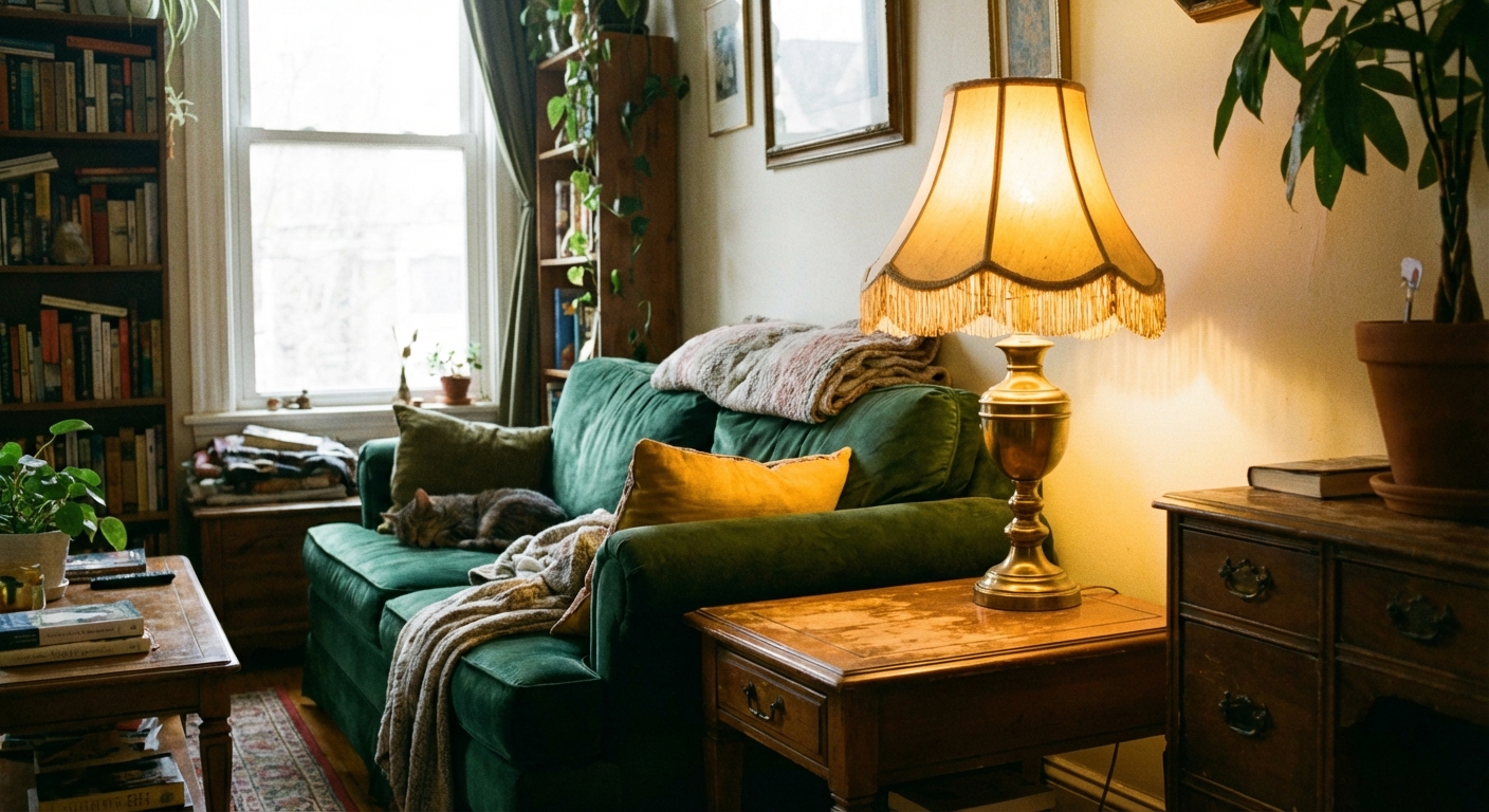 A real photo of a living room corner with a vintage-style brass table lamp glowing warmly beside a sofa, with daylight coming through a nearby window