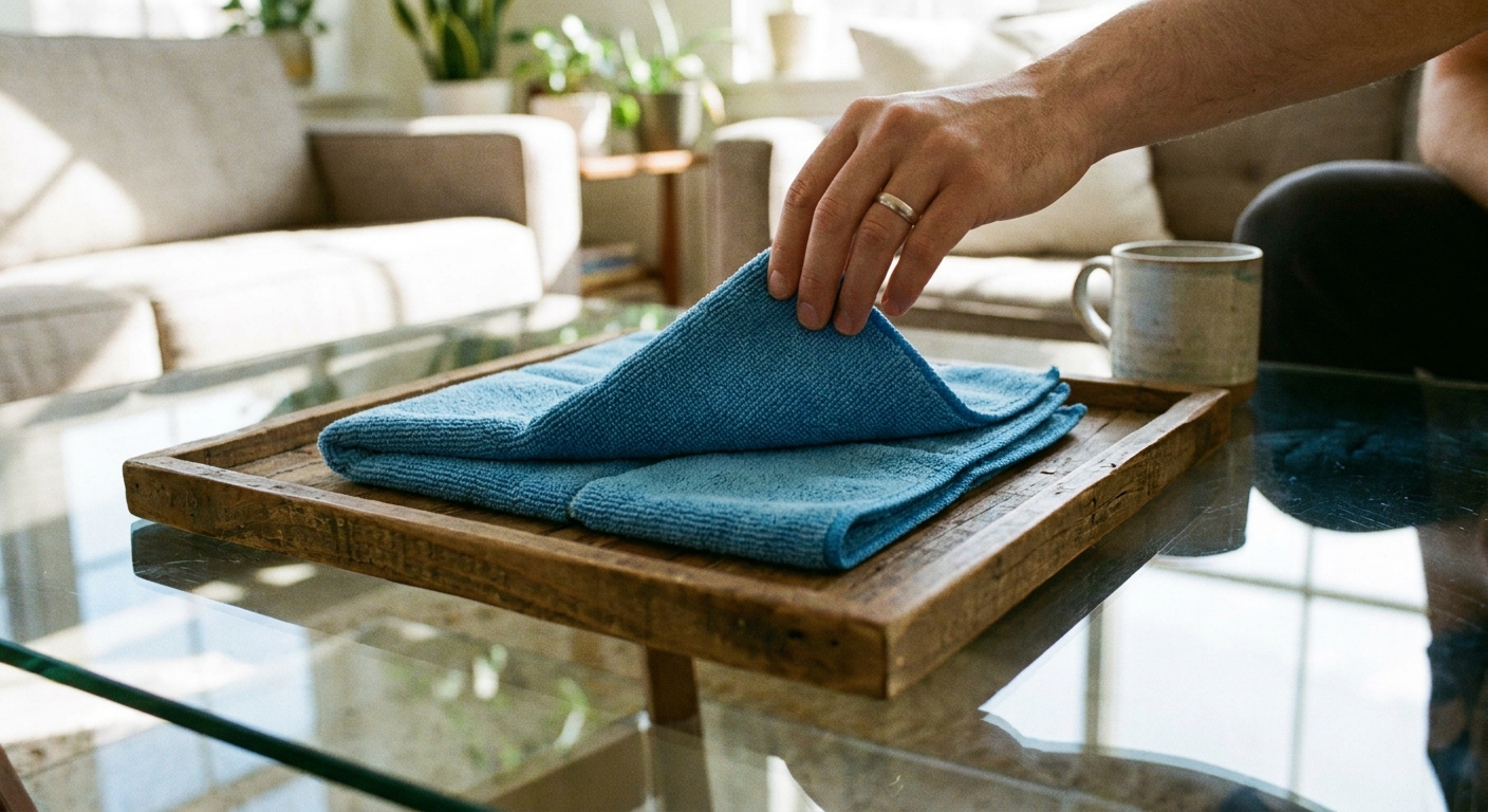A real photo of a microfiber cloth folded into quarters on a wooden tray next to a clear glass coffee table, showing the cloth ready to flip to a clean section
