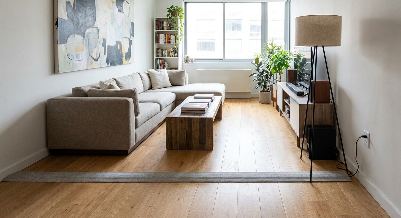 A real photo of a modern apartment living room with hardwood floors, showing a low-profile floor cord cover guiding a lamp cord neatly from a floor lamp toward the wall outlet