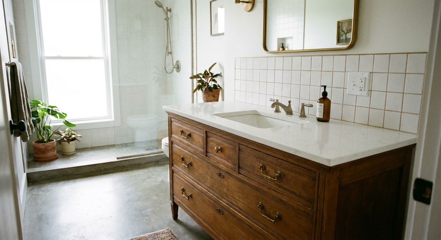 A real photo of a modern bathroom with a vintage dresser vanity, brass pulls, and a simple white tile backsplash
