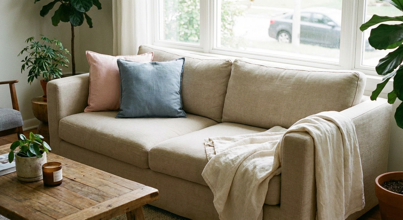 A real photo of a neutral sofa with two pastel pillow covers and a light linen throw casually draped over the arm, bright daytime lighting