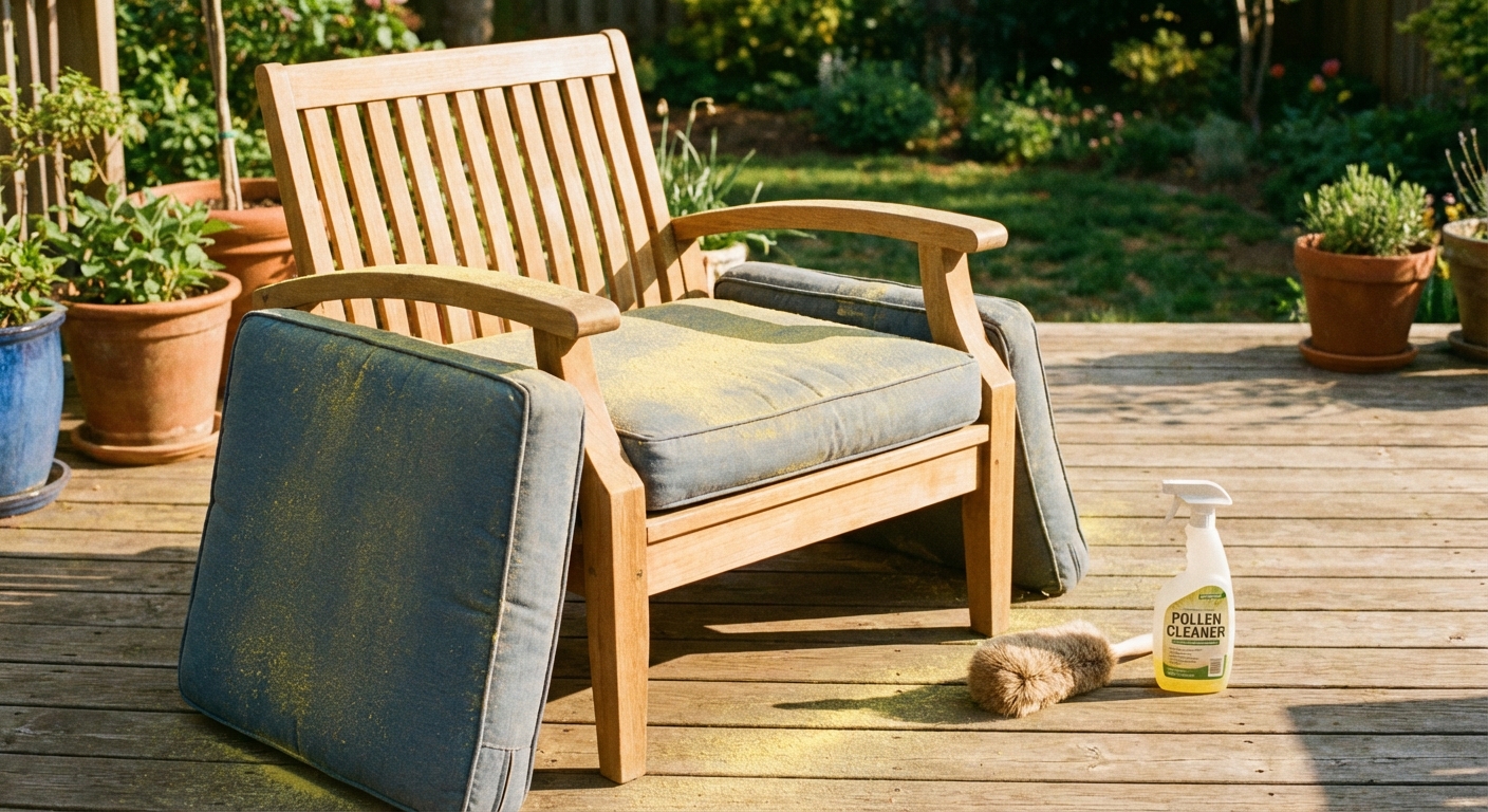 A real photo of a pair of outdoor patio seat cushions on a teak chair with visible yellow pollen dust, a soft brush and a spray bottle nearby on a sunny deck