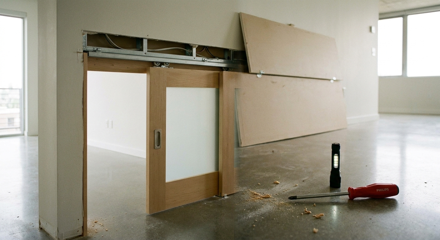 A real photo of a partially open pocket door in a modern apartment, with the top track access area visible and a screwdriver and small flashlight resting on the floor nearby