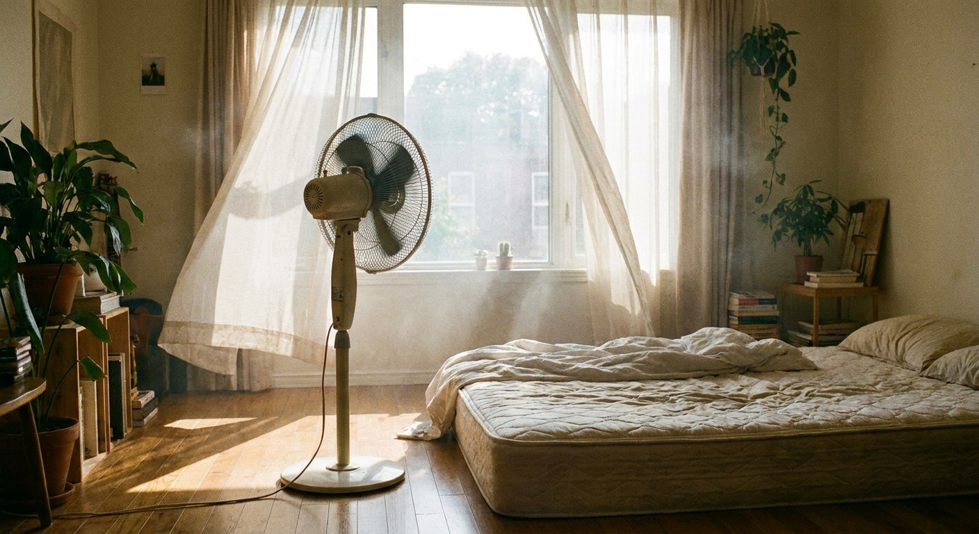 A real photo of a pedestal fan blowing air toward an uncovered mattress in a bright bedroom with sunlight coming through curtains