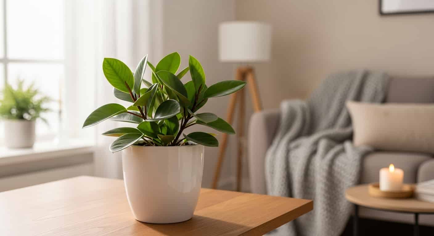 A real photo of a peperomia with glossy oval leaves in a small clay pot on a desk in a low-light apartment, with a nearby table lamp