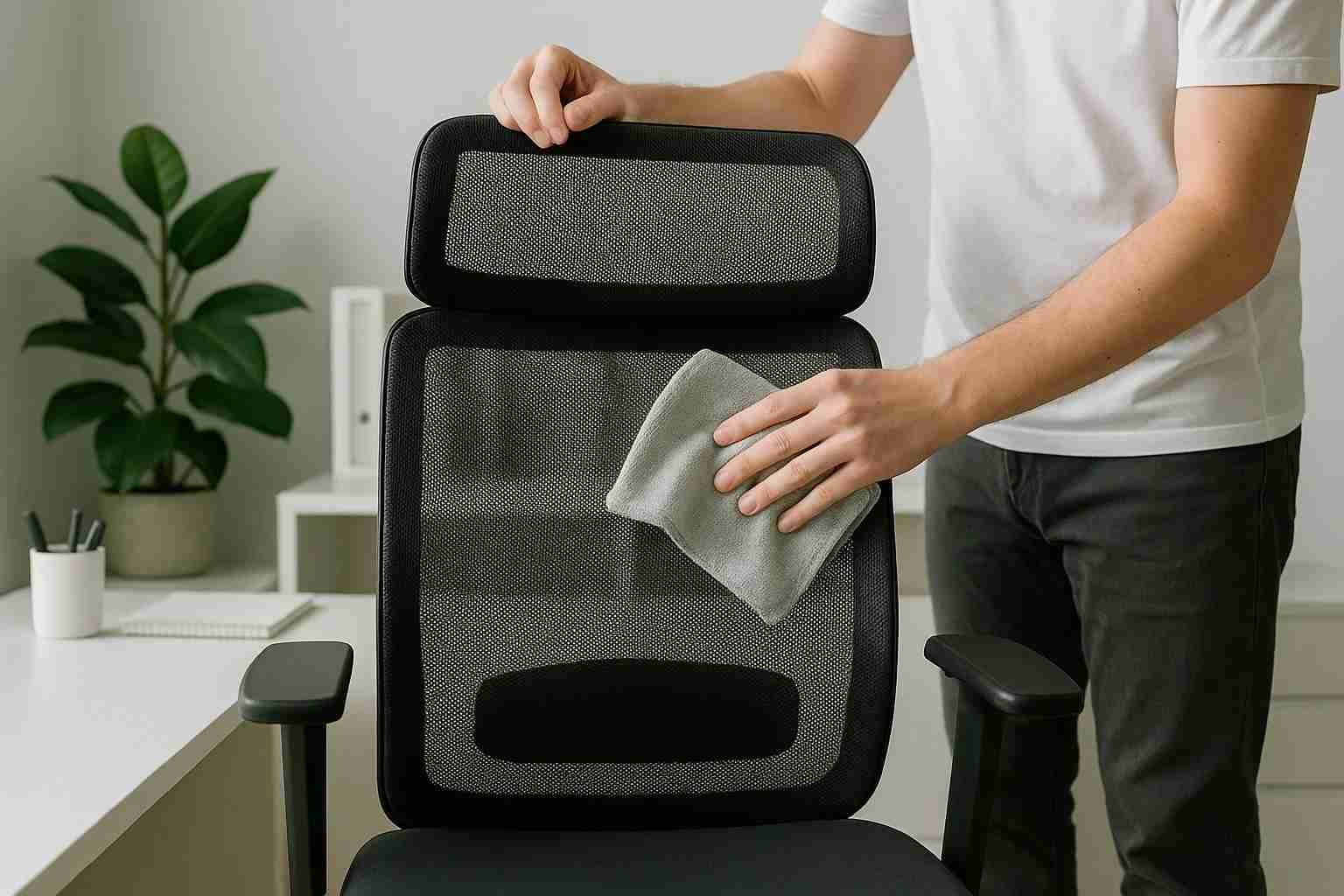 A real photo of a person blotting the front edge of a padded upholstered office chair seat with a clean microfiber cloth, close-up, soft daylight