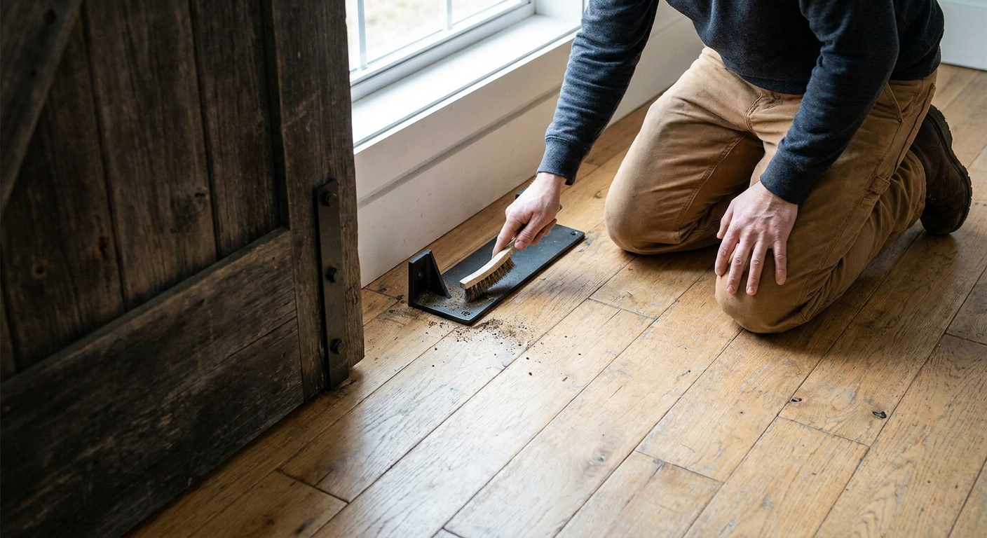 A real photo of a person cleaning a black metal barn door floor guide with a small brush on a light wood floor, the sliding door edge visible