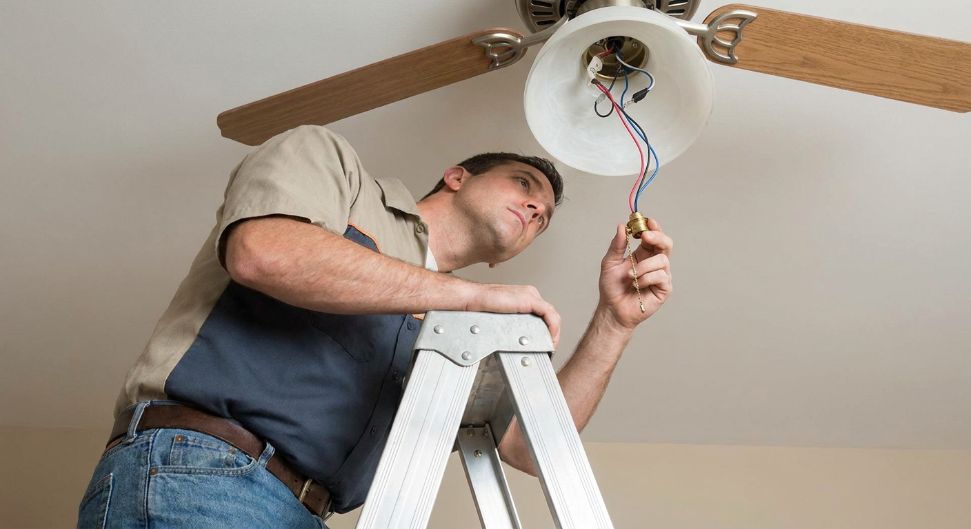 A real photo of a person holding a small ceiling fan pull-chain switch with wires attached, standing on a ladder beneath a ceiling fan with the light kit opened