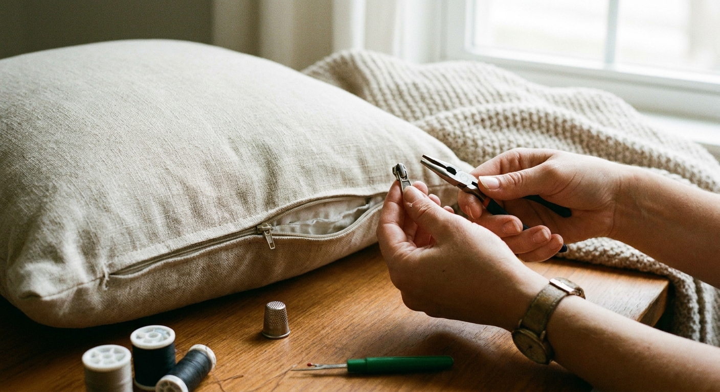 A real photo of a person holding a zipper slider and small sewing tools next to a beige sofa cushion cover with the zipper exposed