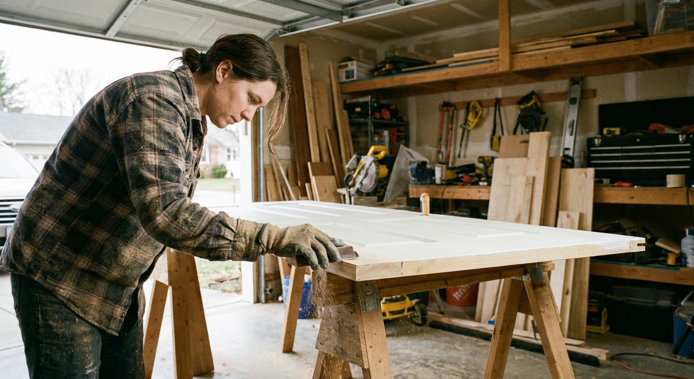 A real photo of a person sanding the edge of a white interior door with a sanding block, the door resting on sawhorses in a garage
