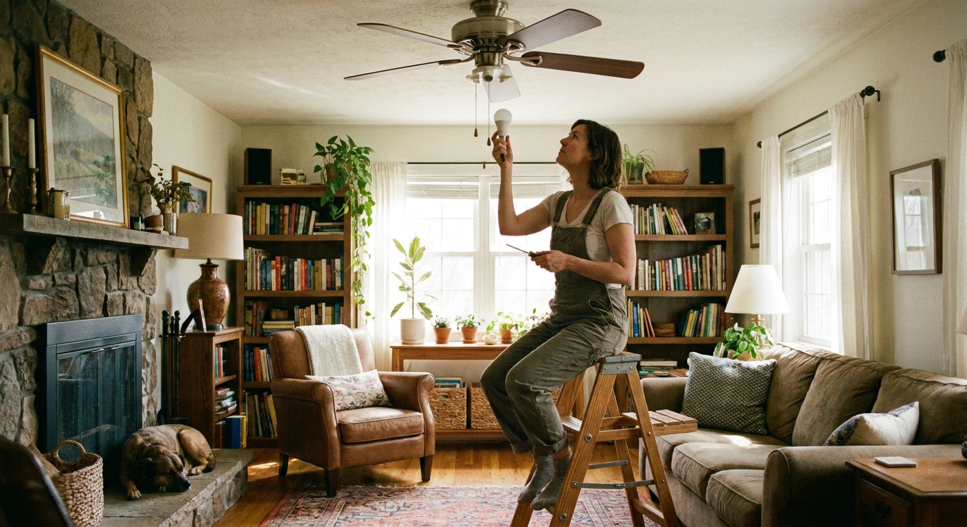 A real photo of a person standing on a step stool in a cozy living room, looking up at a ceiling fan with the light kit off while holding a new light bulb and a small screwdriver