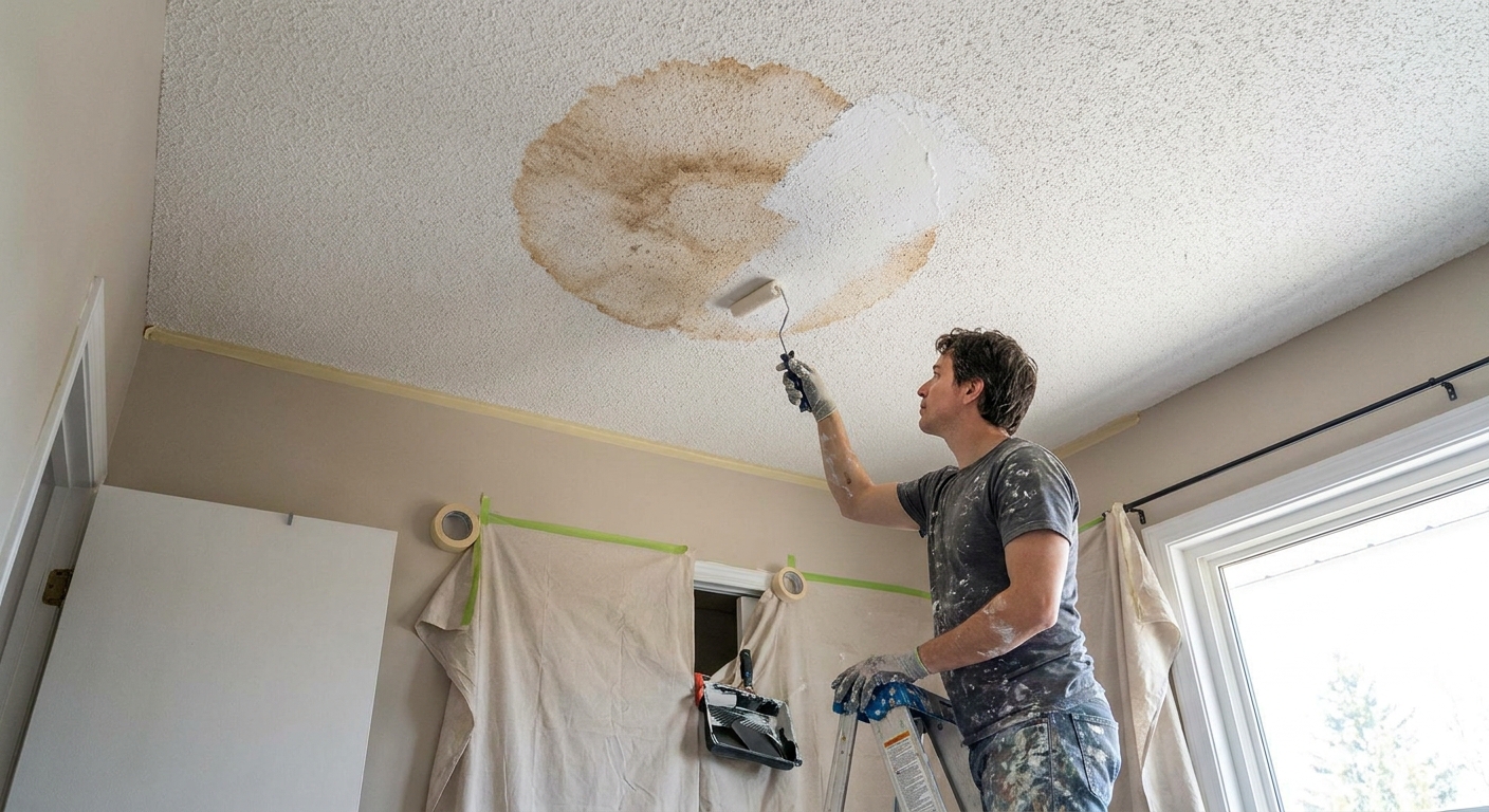 A real photo of a person using a small paint roller to apply white stain-blocking primer over a circular water stain on a textured ceiling, indoor renovation scene