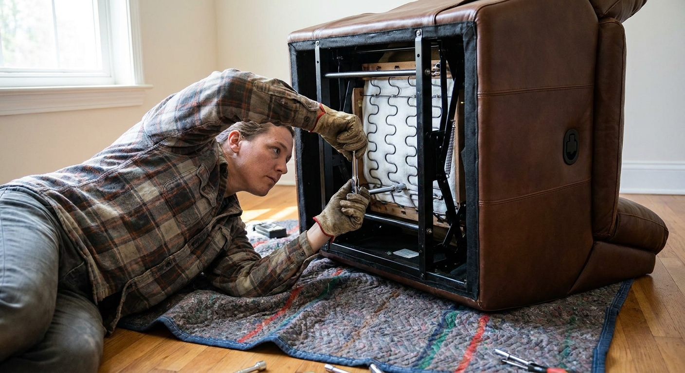 A real photo of a person using a socket wrench to tighten bolts on the underside of a recliner, with the chair tipped carefully onto a protective blanket