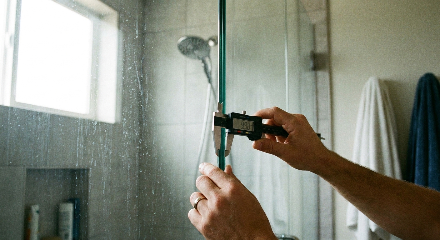 A real photo of a person using calipers to measure the thickness of a frameless shower door glass edge in a bathroom
