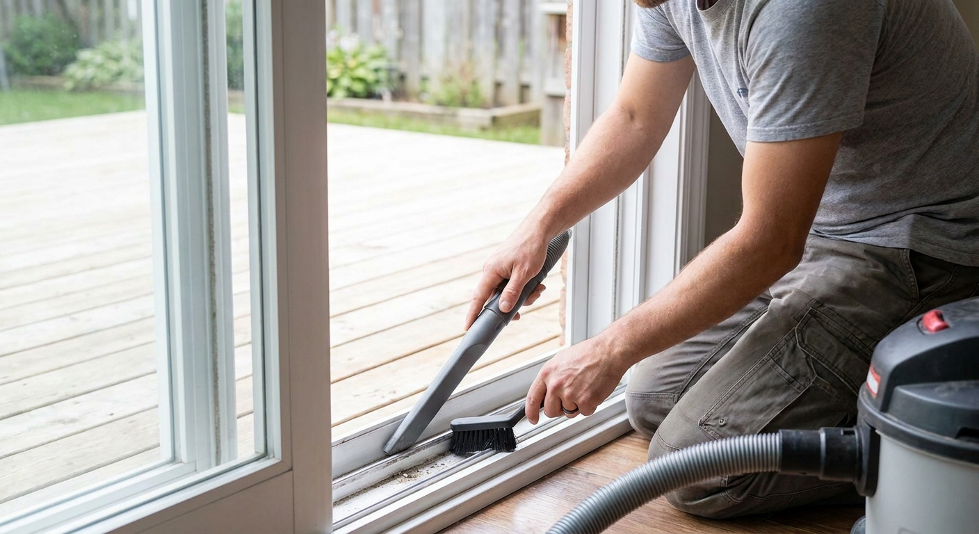 A real photo of a person vacuuming a sliding glass door track with a narrow crevice tool and a small detailing brush on a vinyl-framed patio door, natural indoor light