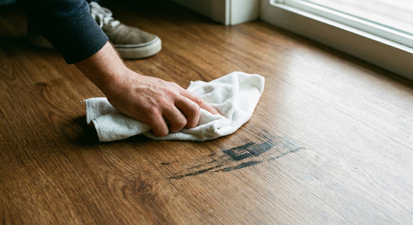 A real photo of a person wiping a black scuff mark from a medium brown laminate floor using a clean white microfiber cloth