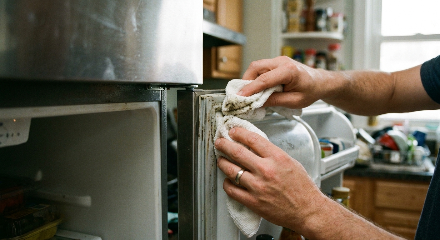 A real photo of a person wiping a refrigerator door gasket with a white microfiber cloth, focusing on the inner crease of the seal