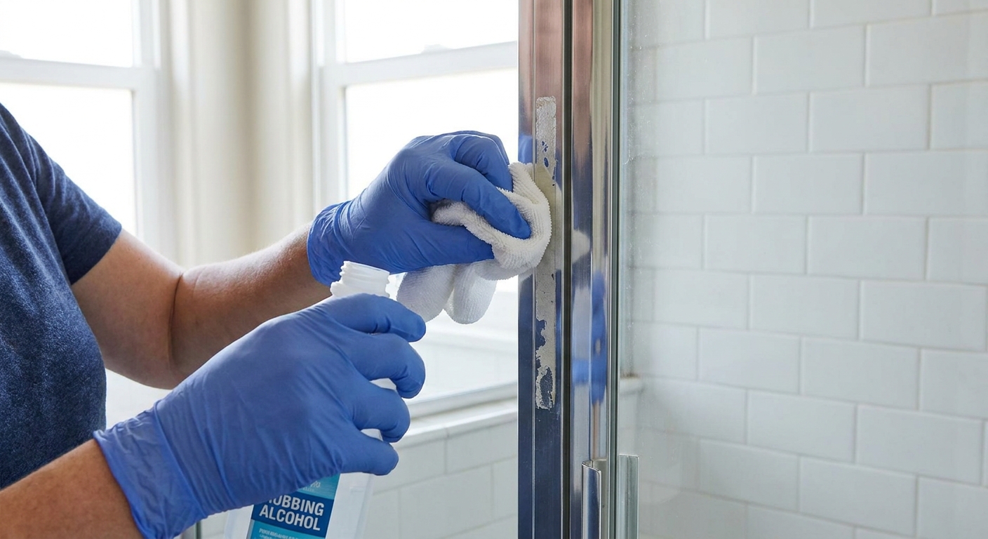 A real photo of a person wiping the edge of a shower door with a cloth and rubbing alcohol after removing an adhesive seal
